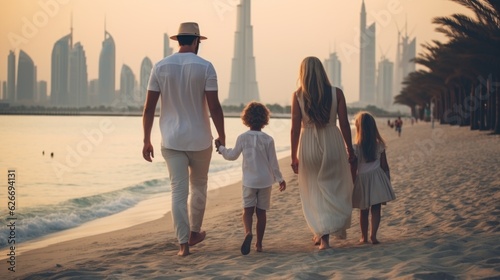 Tela a family parents with their children walking on the beach in the vacation in dubai uae