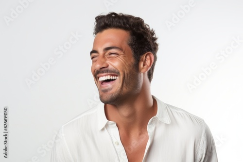 a professional portrait studio photo of a handsome young white american man model with perfect clean teeth laughing and smiling. isolated on white background. for ads and web design. Generative AI photo