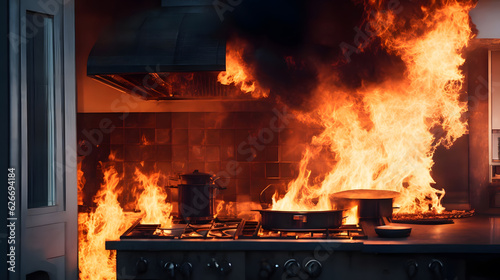 Obraz na płótnie キッチンで火災、住宅火災｜Fire in the kitchen, residential fire.Generative AI