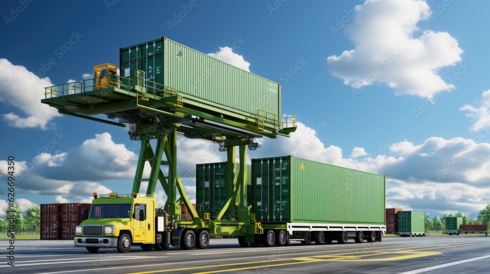 container hub with green containers and cranes and trucks that transport them. Generative AI container hub with green containers and cranes and trucks that transport them. Generative AI