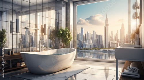a bathroom with a white bathtub in front of a large window in the background a modern city can be seen. Generative AI