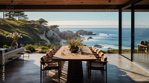 a laid table in a luxury villa on the beach. a mobilized living room. Generative AI photo