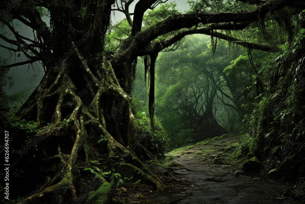 Naklejka premium A dark and misty forest with large tree with twisted roots and branches that arch over the path. The tree is covered in moss and vines