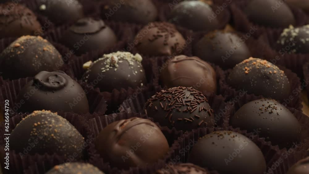 Chocolate truffles on wood background in slow motion Chocolate truffles on wood background in slow motion