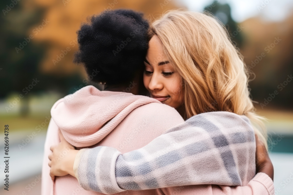 Two diverse female friends or partners hugging each other, after reaching an understanding or compassion, symbolizing making up after a fight