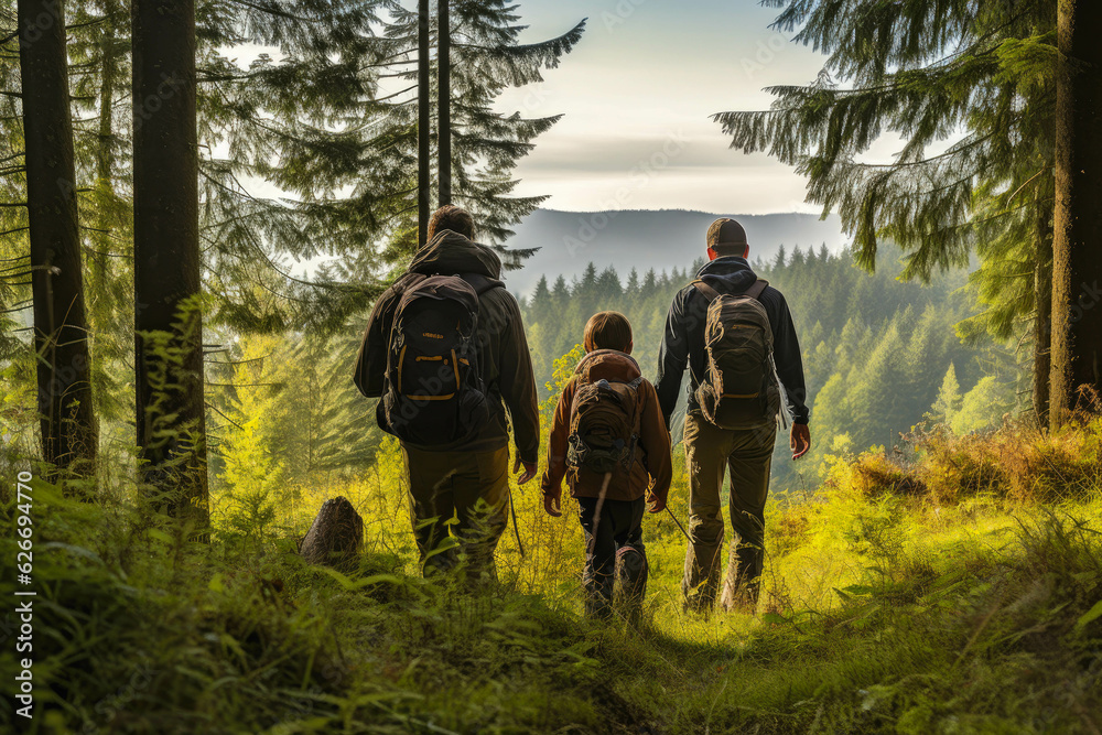 Family hiking through a forest, a view from behind, sunny summer day - obrazy, fototapety, plakaty 