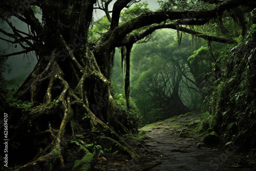A dark and misty forest with large tree with twisted roots and branches that arch over the path. The tree is covered in moss and vines