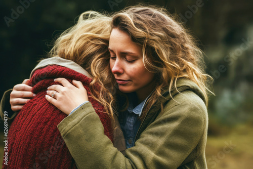 Fotografia Two female friends or partners hugging each other, after reaching an understandi