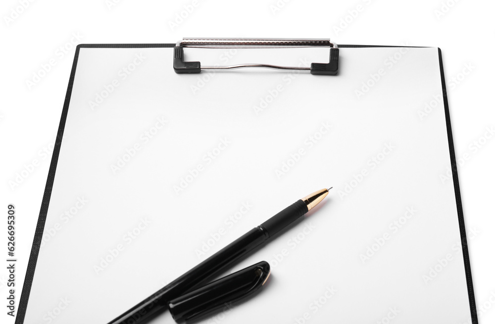 Clipboard with sheet of paper and pen isolated on white Clipboard with sheet of paper and pen isolated on white