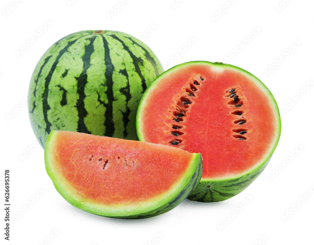 Delicious cut and whole ripe watermelons isolated on white Delicious cut and whole ripe watermelons isolated on white