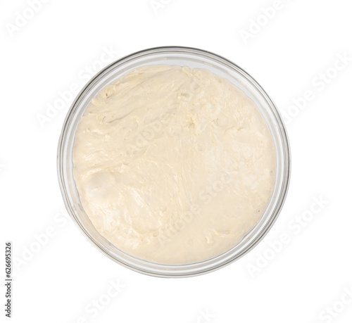 Fresh dough for cake and dry yeast on white background, top view