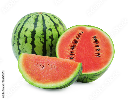 Delicious cut and whole ripe watermelons isolated on white