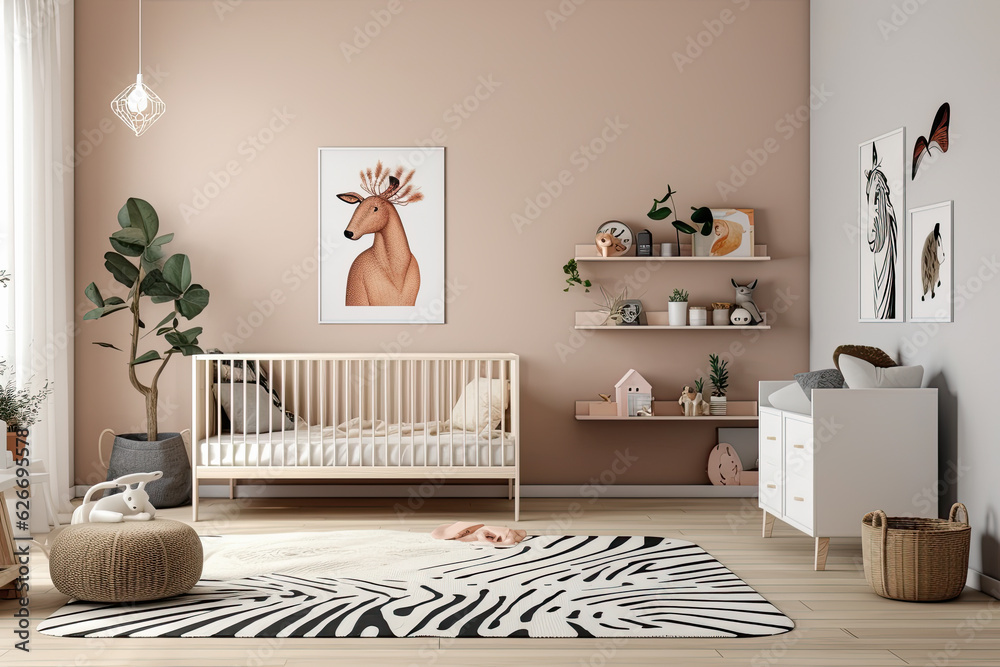 habitacion e bebe con cuna en tonos claros con decoraciones de animales. ilustracion de ia generativa - obrazy, fototapety, plakaty 