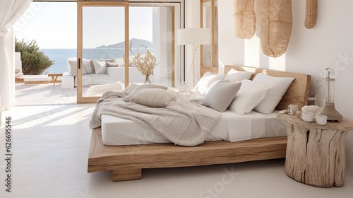 Habitacion clara en casa mediterranea tipica ibicenca, con cama y decoraciones naturales como madera, mimbre o lino. Concepto vacaciones, descanso