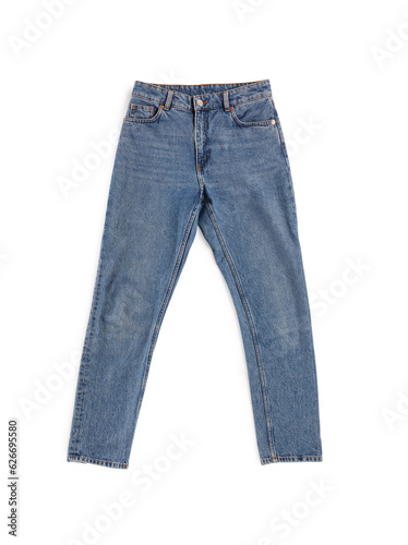 Blue jeans isolated on white, top view. Stylish clothes