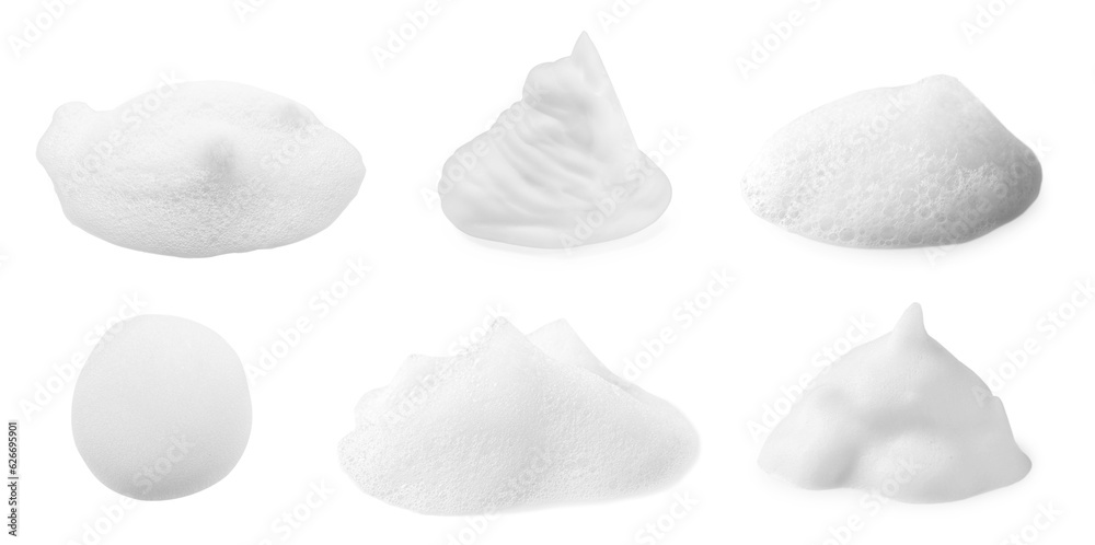 Collage with foam of cosmetic cleanser isolated on white - obrazy, fototapety, plakaty 
