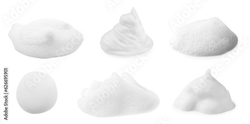 Collage with foam of cosmetic cleanser isolated on white