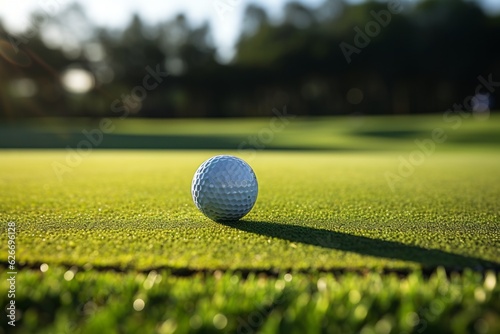 Golf ball on artificial turf. Background with selective focus and copy space