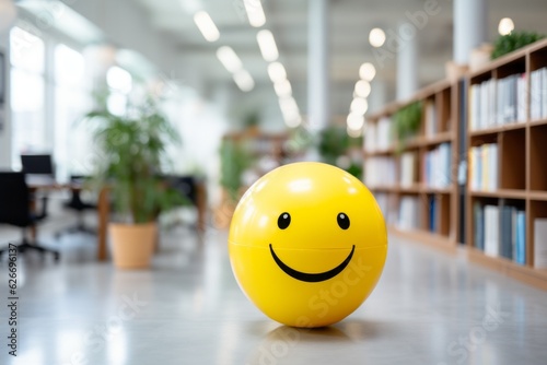 Smiling ball with positive emotion in the office. Background with selective focus and copy space photo