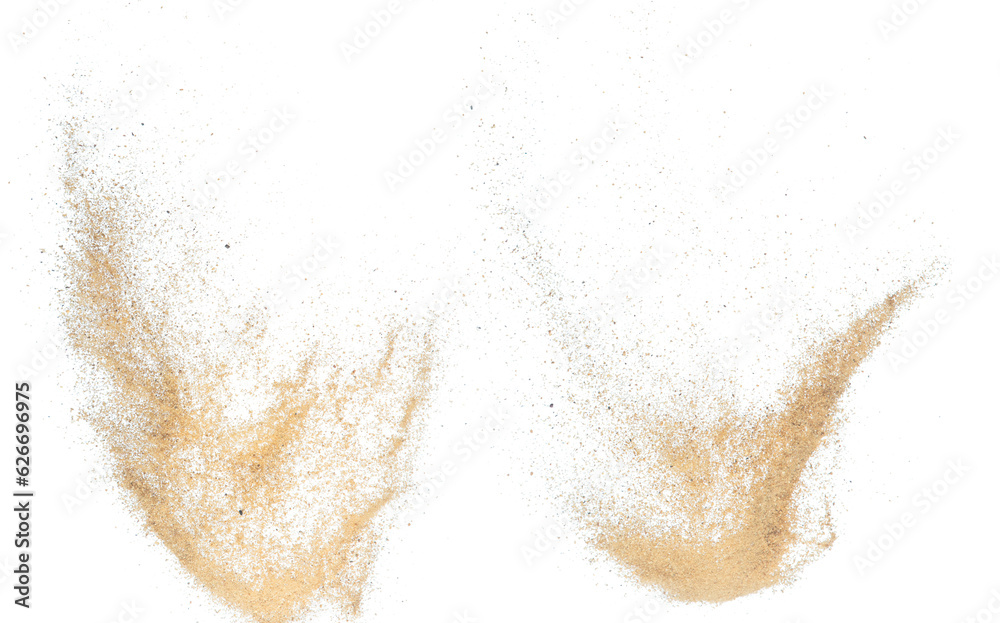 Sand flying explosion, Golden sand wave explode. Abstract sands cloud fly. Yellow colored sand splash throwing in Air. White background Isolated high speed shutter, throwing freeze stop motion - obrazy, fototapety, plakaty 