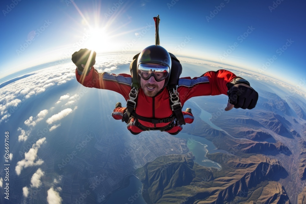 a guy jumping with a parachute and skydiving in the sky. action camera photography. Generative AI a guy jumping with a parachute and skydiving in the sky. action camera photography. Generative AI