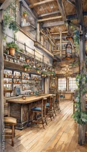 watercolour restaurant interior and exterior business house
