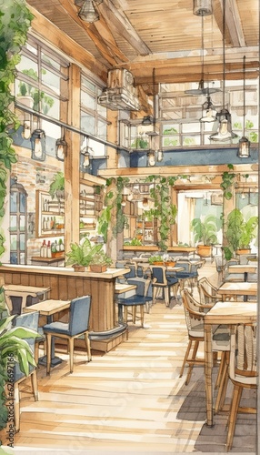watercolour restaurant interior and exterior business house