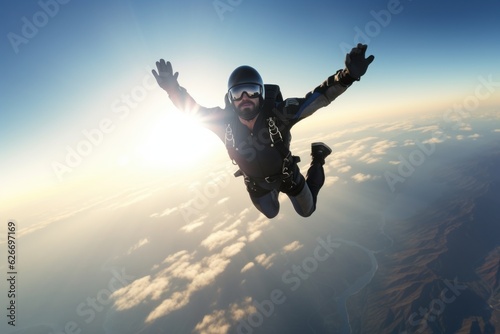 a guy jumping with a parachute and skydiving in the sky. action camera photography. Generative AI