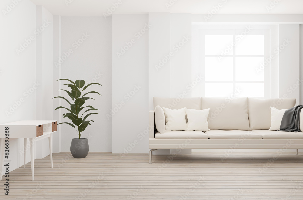 Fototapeta premium A snow-white living room with a wooden floor and a large window with sunlight and stylish sofa, a desk and a green plant, comfrot living room design and interior. 3d illustration