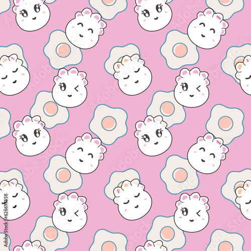Fototapeta Naklejka Na Ścianę i Meble -  Cute Dumpling Fried Egg Allover Character Pattern Design Artwork 