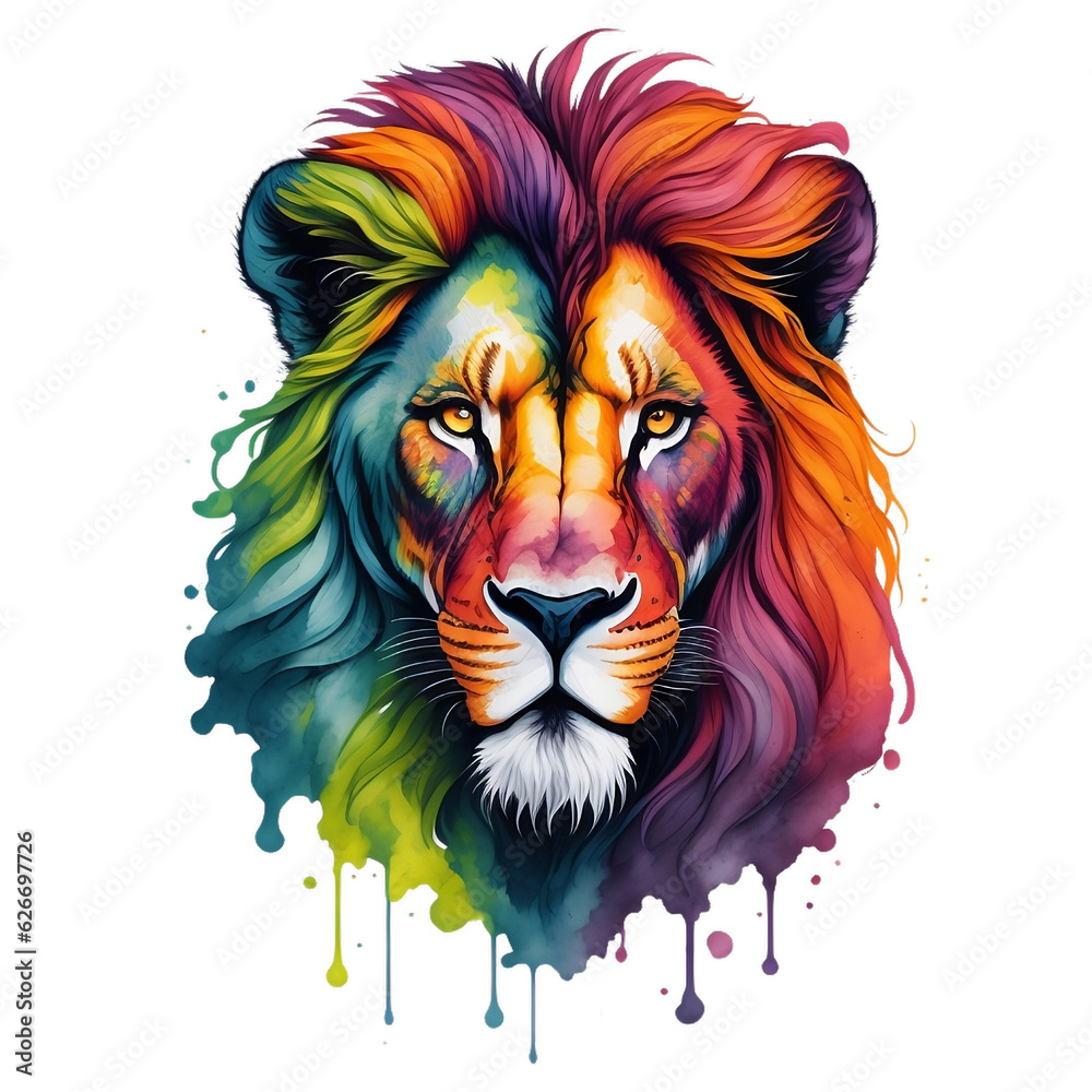 Watercolor Lion Head On A Transparent Or White Background. Abstract Portrait Colorful Lion The Jungle King