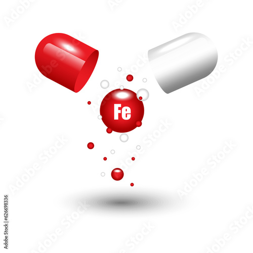 Open capsule pill with falling out molecules. F, ferrum vitamine. Vector illustration. EPS 10.
