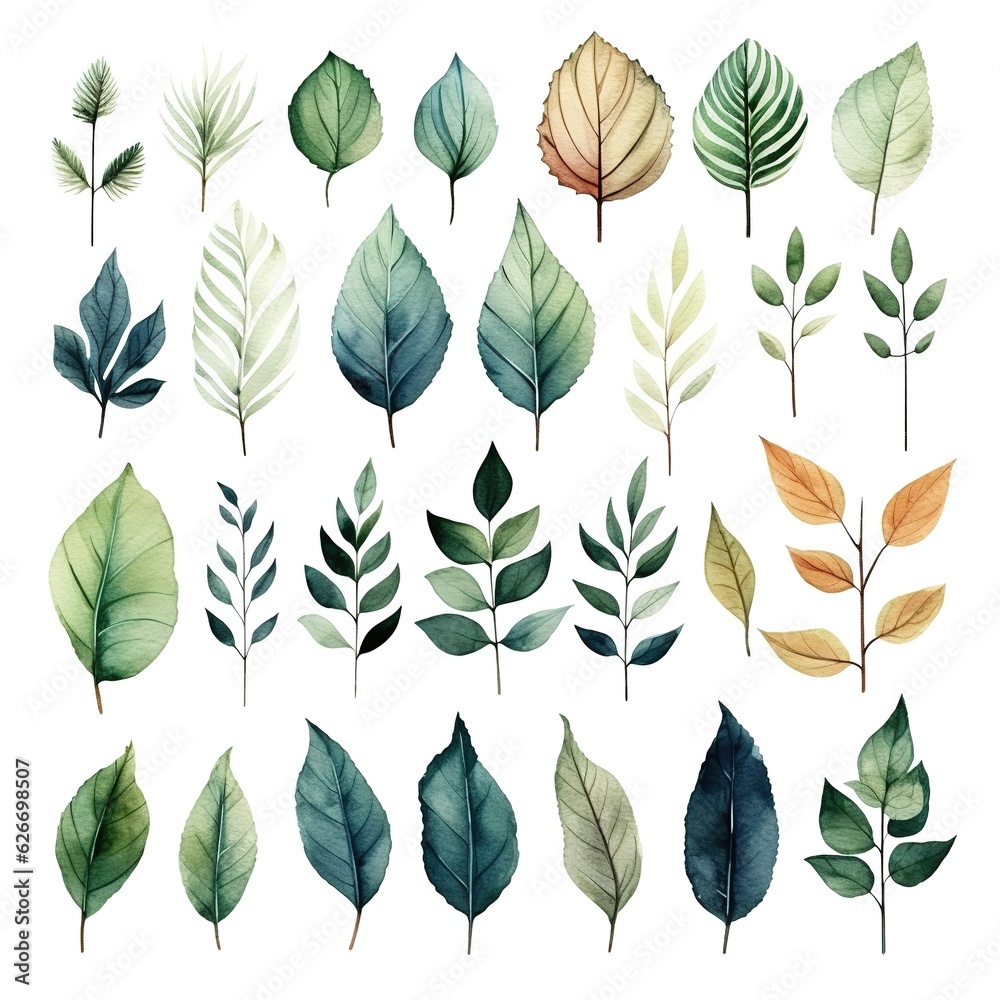 set of autumn leaves painted in watercolor on a white isolated background set of autumn leaves painted in watercolor on a white isolated background