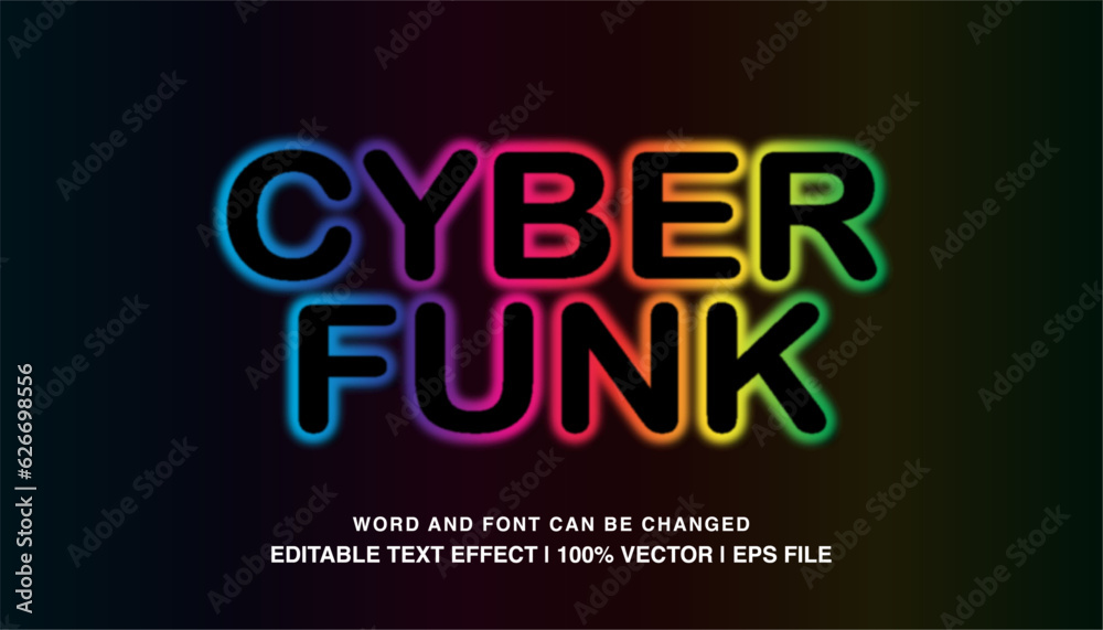 Cyber funk editable text effect template, rainbow color neon light futuristic typeface, premium vector