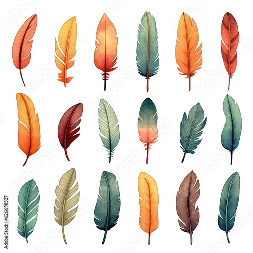 Watercolor collection of feathers. Flat hand-drawn illustration isolated on white background © LELISAT