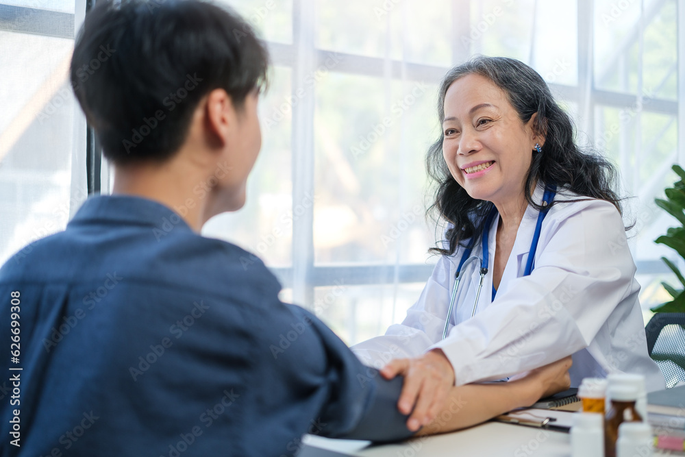 Female doctor in white uniform pointing sharing health tests laboratory results to patient. Medical healthcare concept. Female doctor in white uniform pointing sharing health tests laboratory results to patient. Medical healthcare concept.