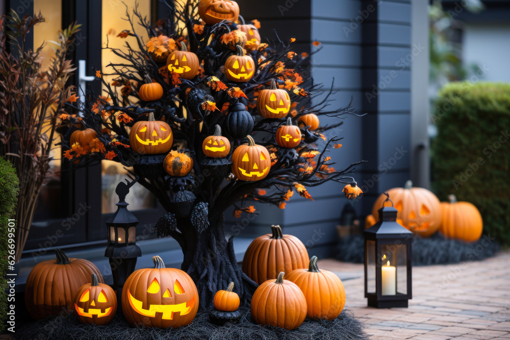 Obraz premium Halloween pumpkin tree topiary on porch, exterior home decor, seasonal decorations