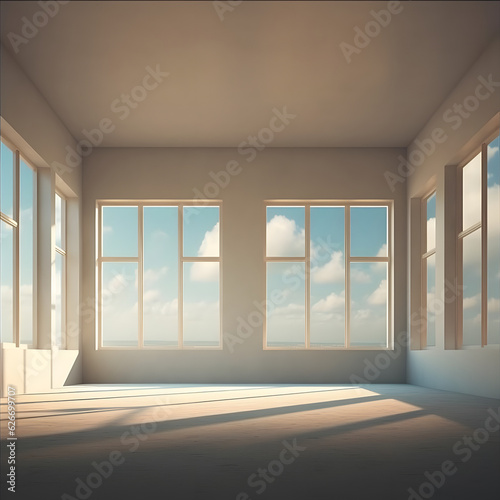 Big empty bright room with big windows and blue sky  background architecture graphic asset Generative AI