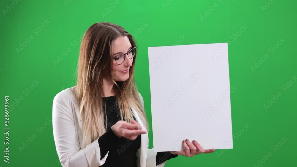 Beautiful blonde girl in a studioBeautiful blonde girl in a studio points to a plain sign - extreme slow motion shot