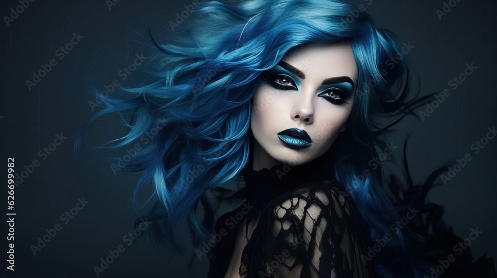 A woman with blue hair and black makeup.
