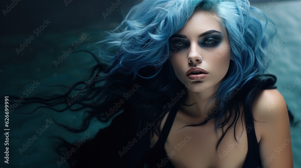 Fototapeta premium A woman with blue hair and black makeup.