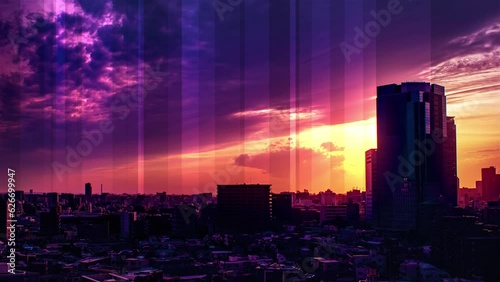 夕景の空にグラフィックスが舞う映像