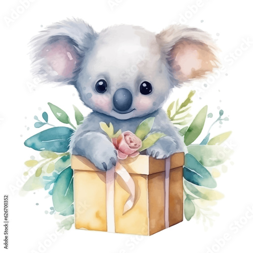 Cute koala cartoon with gift box in watercolor painting style
