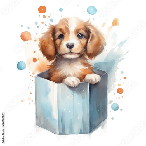 Cute dog cartoon with gift box in watercolor painting style