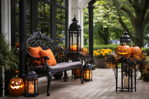 Halloween pumpkins jack o' lanterns and bench on front porch, exterior home decor, seasonal decorations, black and orange