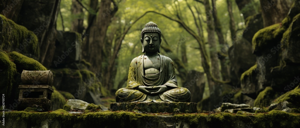 This image features a statue of Buddah sitting in a serene position, most likely a lotus position.
