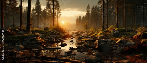 Mesmerizing Forest Landscape at Dawn with Sunlight Piercing through Trees Reflecting on Tranquil Stream