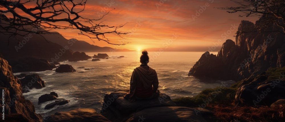 Tranquil scene: person on rock, sunset silhouette, nature's grandeur, water's edge. Serene introspection near the water at sunset.