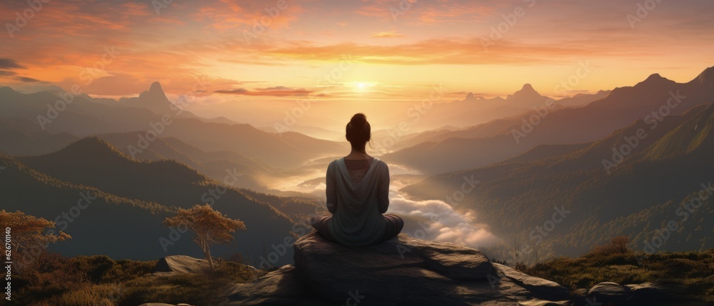 Tranquil Meditation at Dawn: Woman Silhouetted Against Majestic Mountain Range with Golden Sunrise