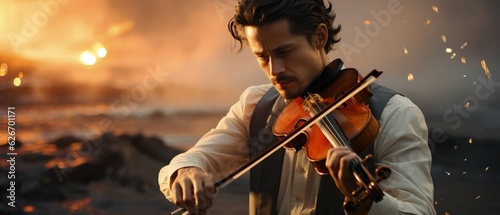 This captivating image features a young man immersed in playing a violin. His outdoor attire and expressive face create an intense atmosphere against a dark backdrop.